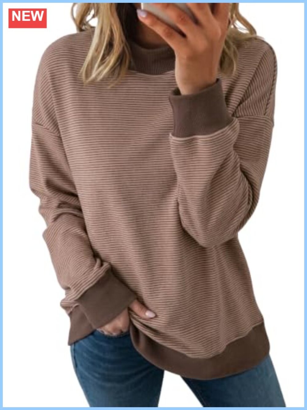 Striped Mock Neck Oversized Pullover Sweatshirt Women Polyester Elastane